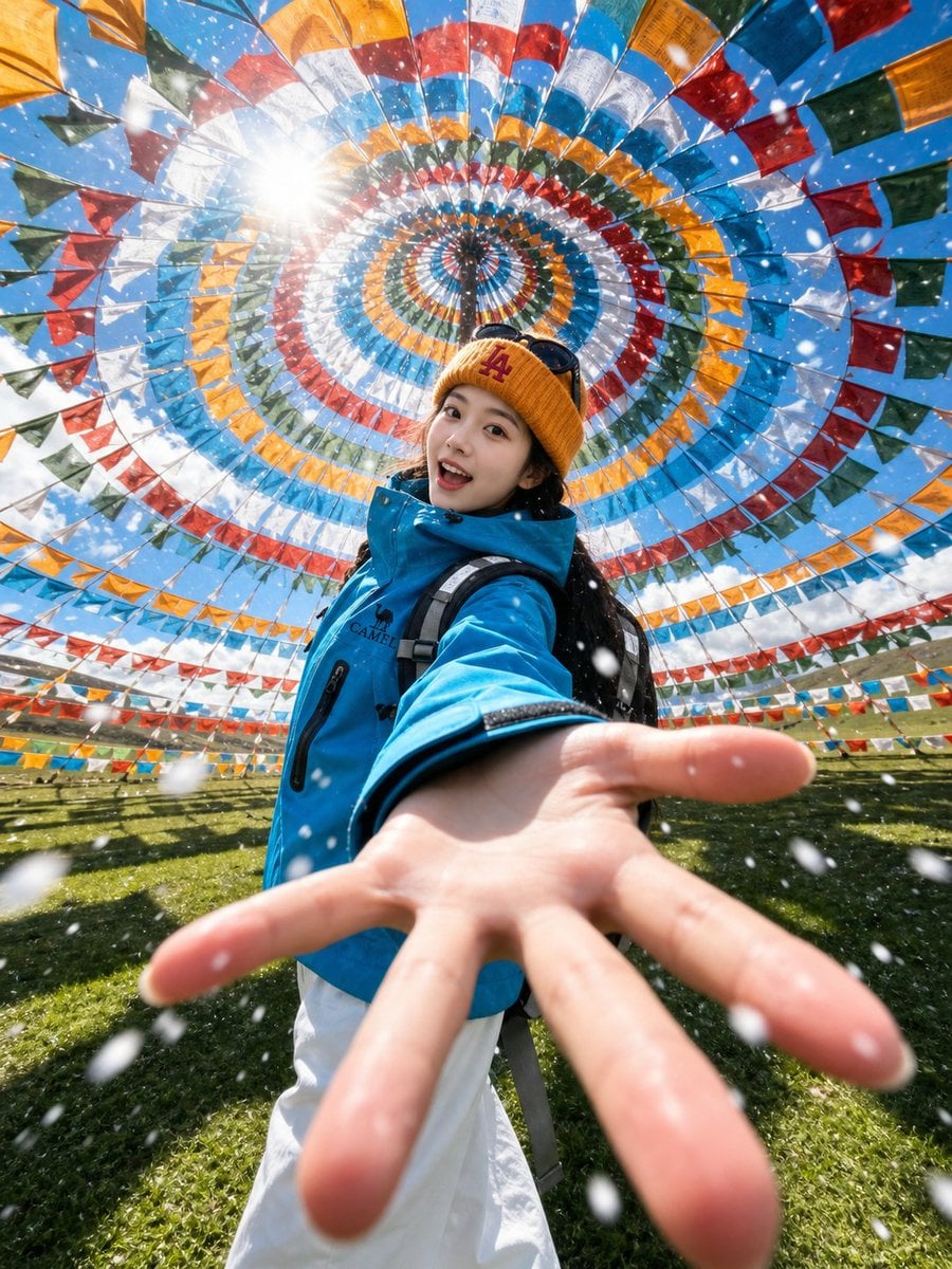 Alpine Meadow Prayer Flag Selfie Portrait · Shinning