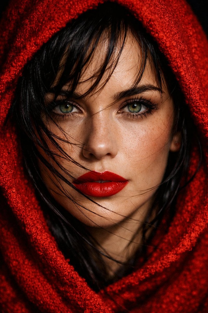 Cinematic Red Hood Woman Portrait · simeon-sanai
