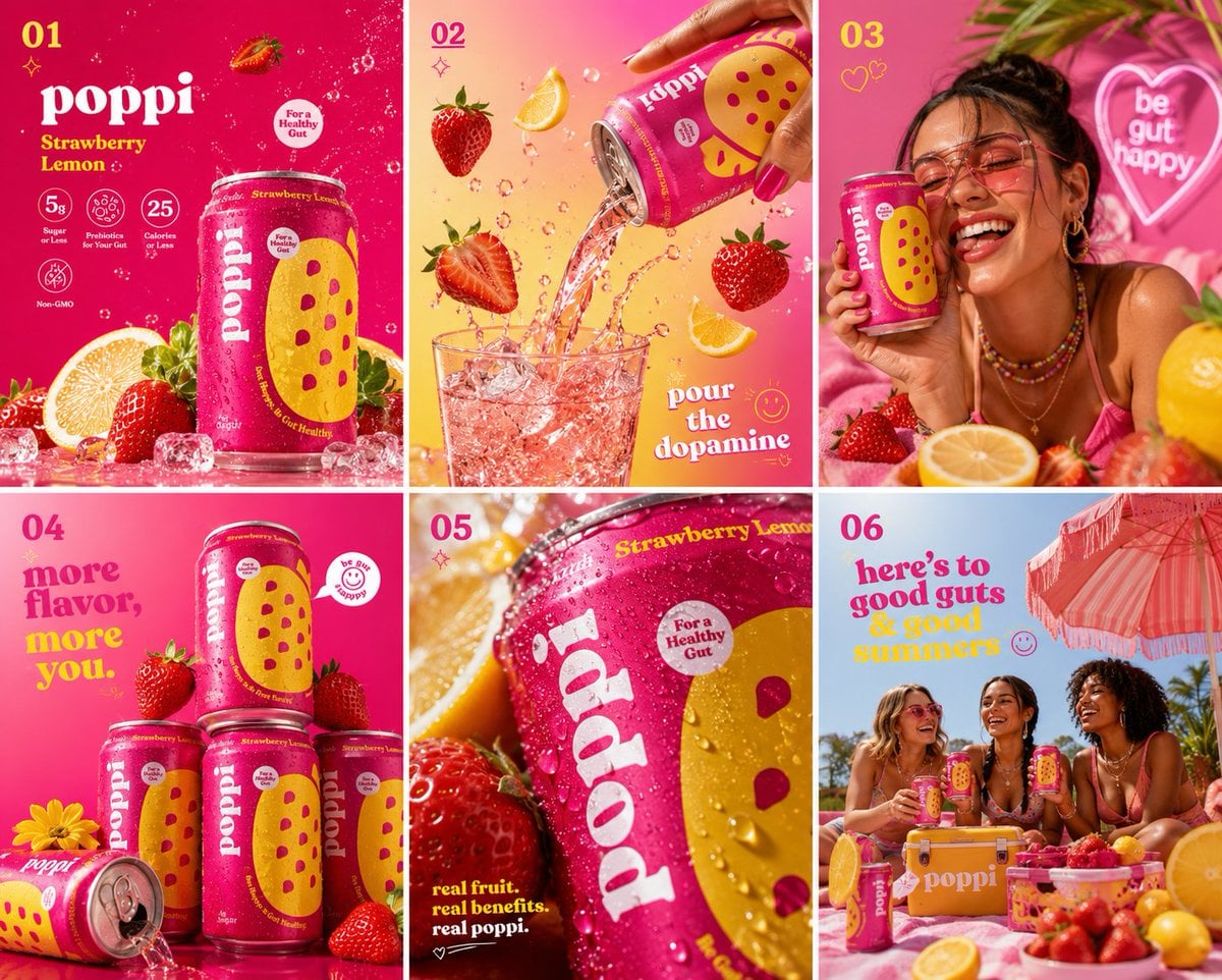 Poppi Strawberry Lemon Soda Hero Shot · Kanishkha AI | Creative AI Director
