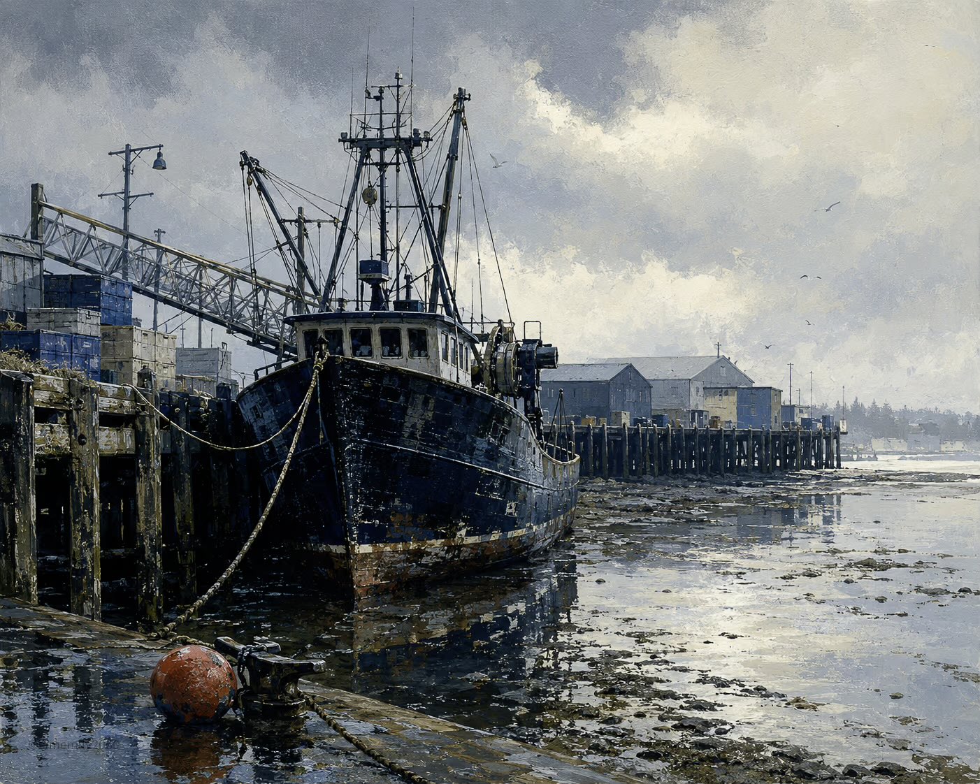 Realistic Fishing Boat Docked At Pier · Emily