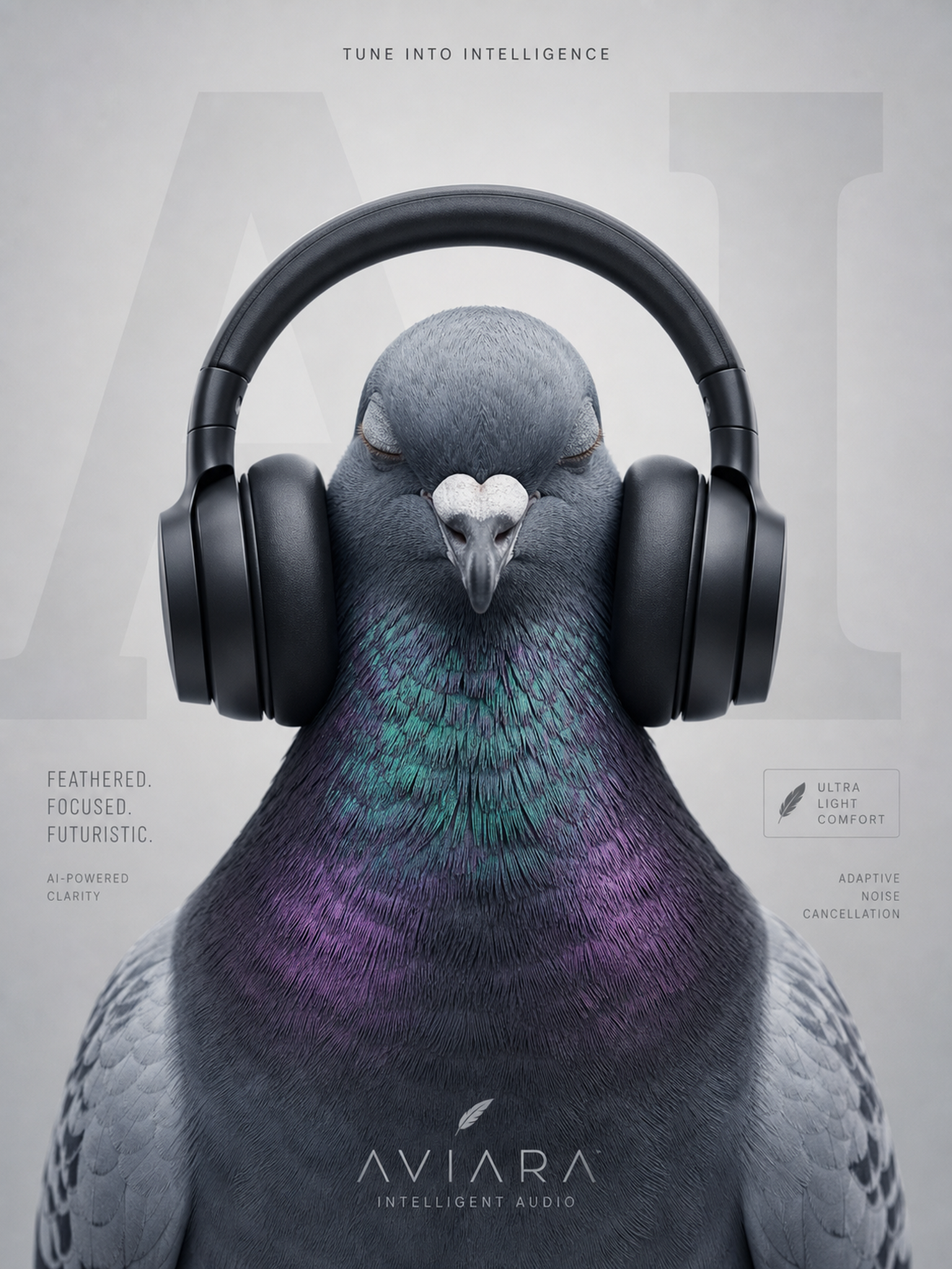 Realistic Pigeon Headphones Ad Poster