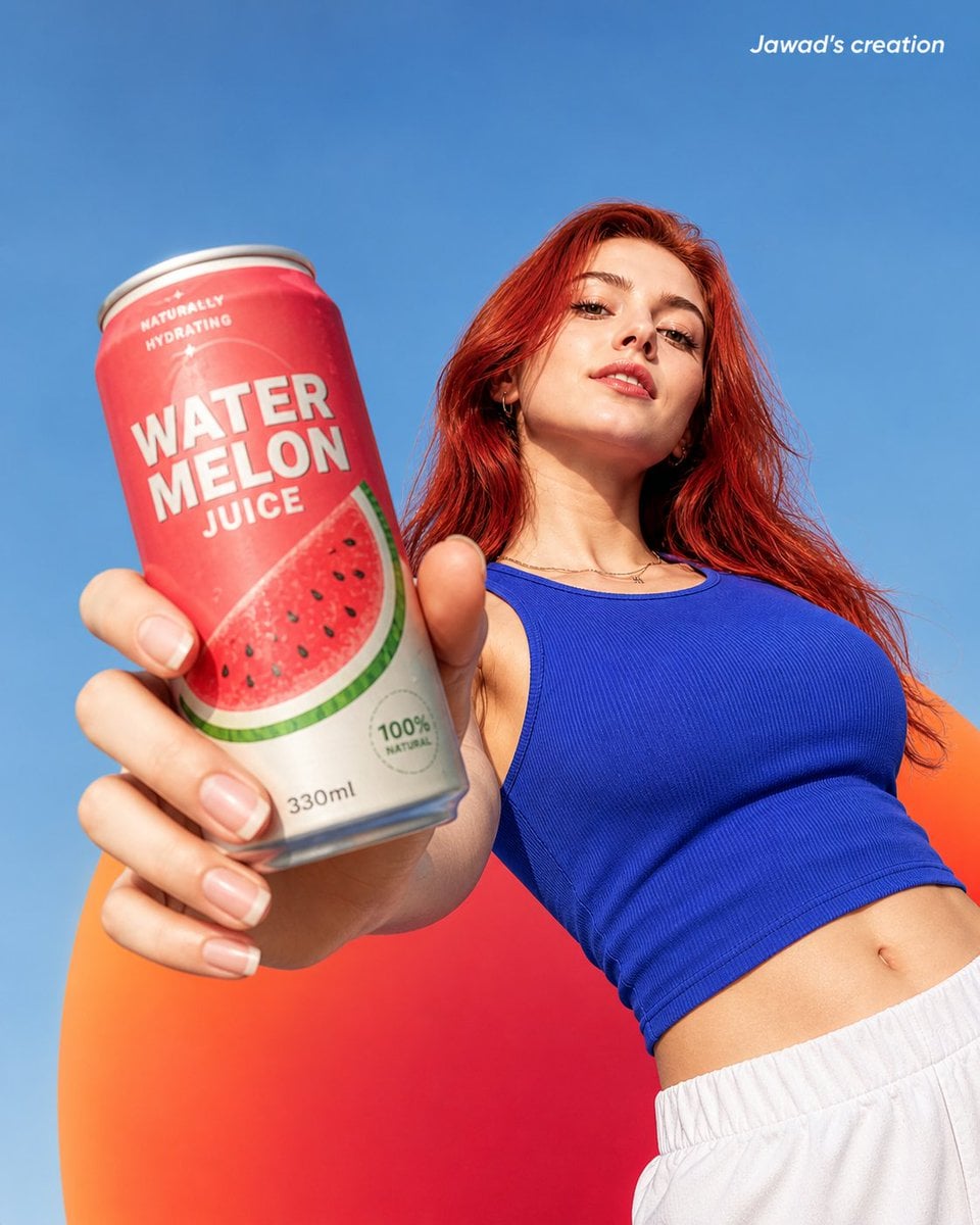 Realistic Woman Holding Watermelon Juice Can · Jawad Rahman