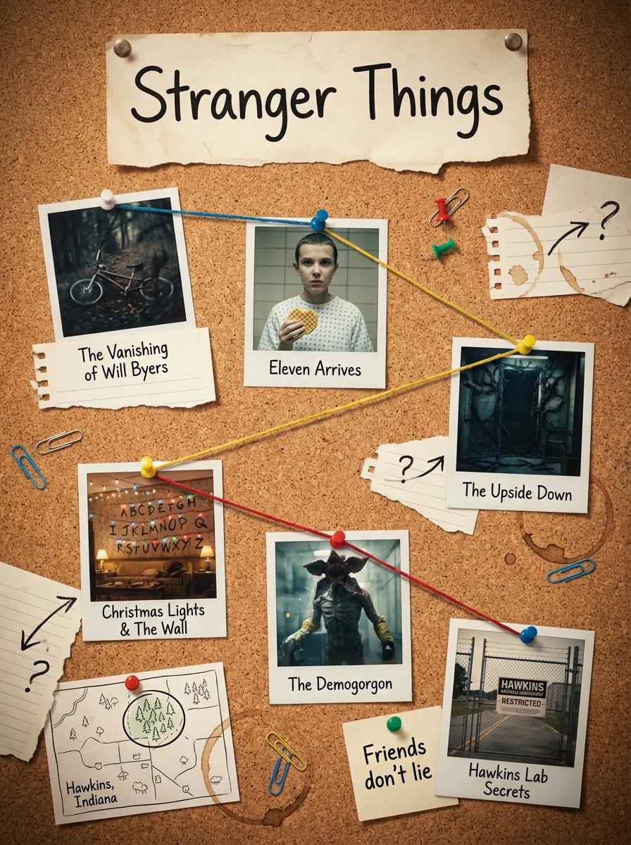 Stranger Things Cinematic Corkboard Prompt · simeon-sanai