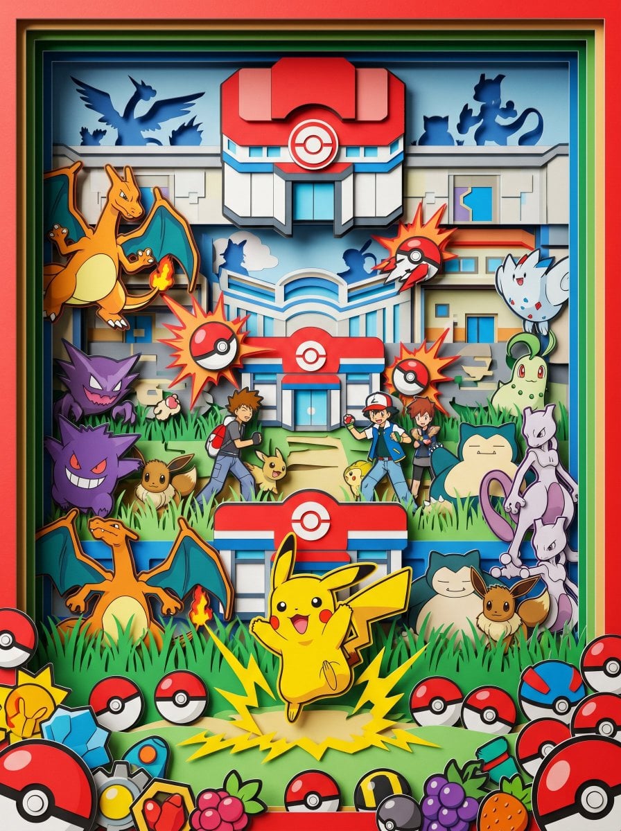Vibrant 3D Paper Cutout Pokémon Diorama · 两斤